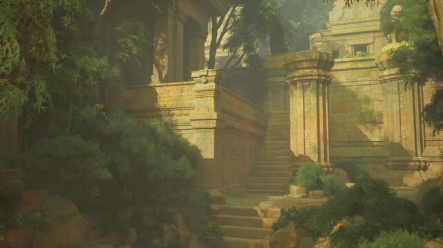 Sundrenched temple terrace with ancient steps, warm haze and climbing vines bathing stone in golden tones, peaceful outlook evoking garden oasis, birdlife