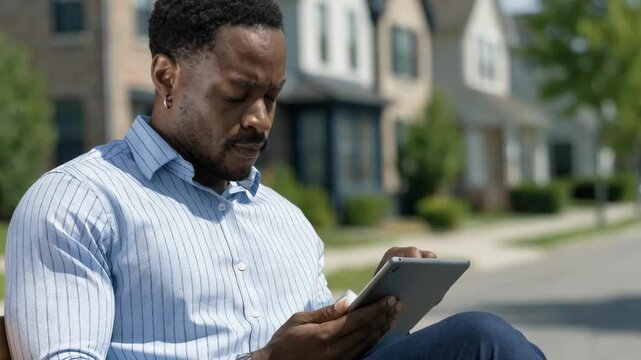 Medium shot of a financial advisor comparing equity estimates on a tablet for a suburban home with the neighborhood blurred behind.