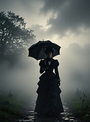Obraz premium Victorian woman in dark dress walks with umbrella on misty path. Gloomy weather, shadows, fog create atmospheric, somber mood. She holds parasol against rain. Woman in vintage clothing.
