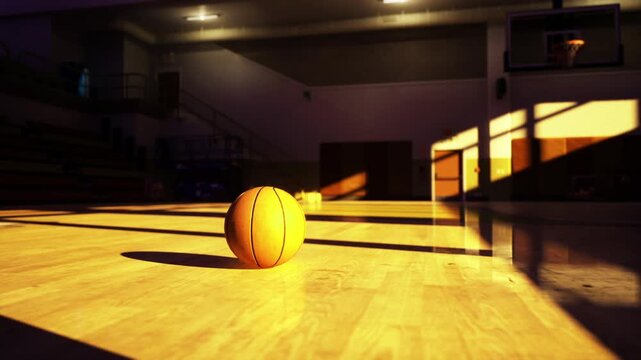 Basketball on hardwood court bathed in golden light, solitary ball rests near baseline while long shadows stretch across empty gym and atmosphere feels calm