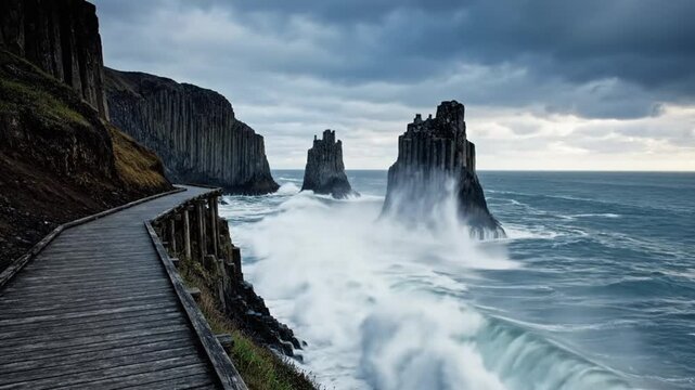 Dramatic seascape with giant waves crashing against basalt sea stacks under stormy, cloudy skies along a wooden boardwalk.
