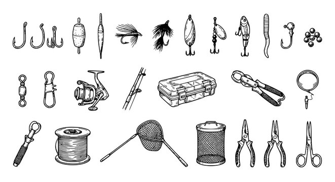 Vintage Fishing Tackle Sketch Icon Collection with Hooks Floats Lures and Fly Fishing Gear