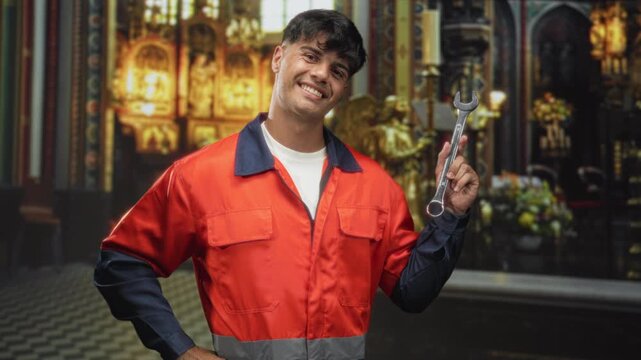 Man mechanic in orange uniform smiles while holding wrench aloft with right hand and left hand on hip inside building; skill pride service.