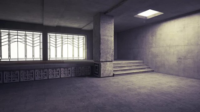Stark underground bunker space with barred window and concrete steps, austere utilitarian design, muted light filtering through grilles, sense of shelter