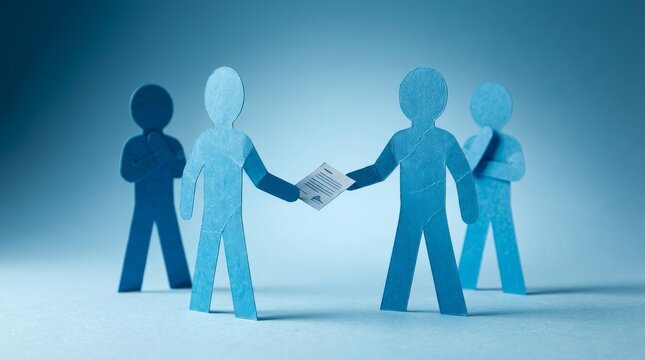 Blue paper cut-out figures exchanging a contract document symbolizing a business agreement and teamwork in a professional setting.