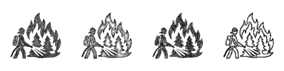 Fototapeta premium Sketch monochrome wildfire response icon design set