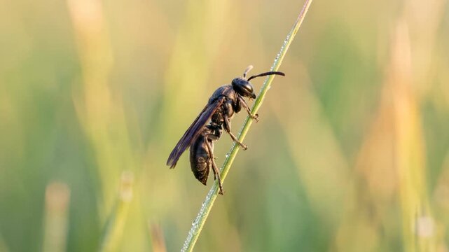 black wasp close up in okavango delta botswana morning light video