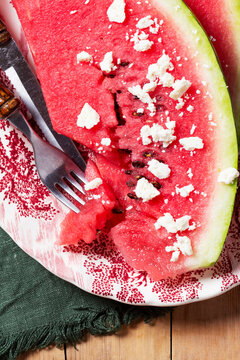 A Moldavian and Romanian appetizer made with watermelon and sheep's cheese.
