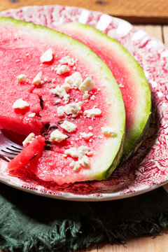 A Moldavian and Romanian appetizer made with watermelon and sheep's cheese.