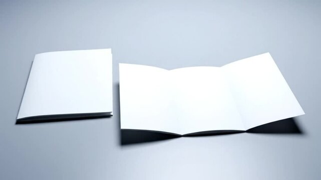 Open and closed white mockup brochures on a neutral gray background for design presentation