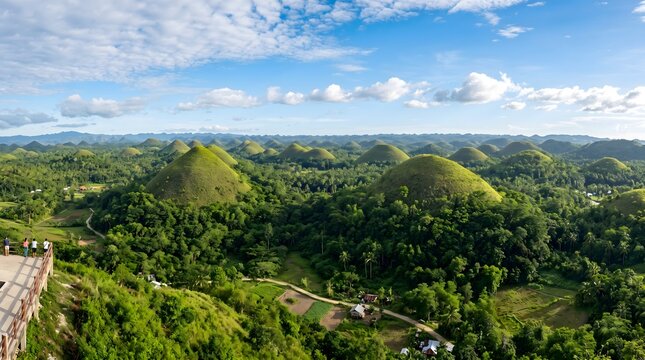 Hundreds of perfectly conical grass covered hills dotting a lush green tropical landscape