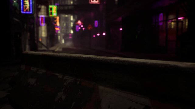 Neonlit blockade on street, closeup barricade in foreground with outoffocus purple shop lights, damp road surface and empty latenight industrial mood ideal