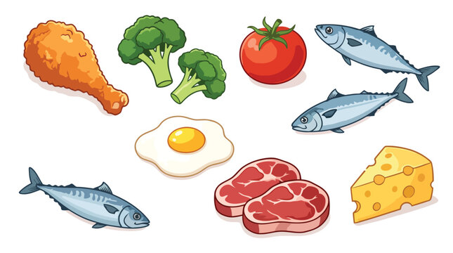 Set of healthy food icons including chicken drumstick, broccoli, tomato, fish, fried egg, raw meat steaks and cheese