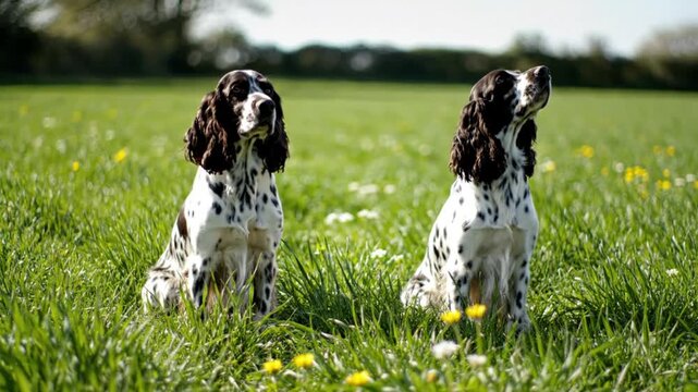 Two adorable English Springer Spaniels sitting in lush green grass with wildflowers on a sunny day