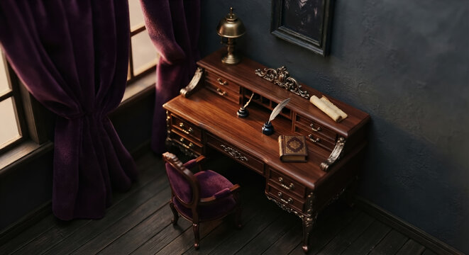 Miniature diorama of a classic gothic style study room with a wooden writing desk.