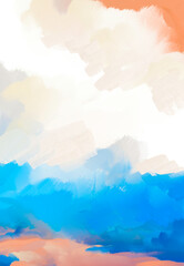 Fototapeta premium Colorful Vibrant Impressionistic or Abstract Landscape of Puffy Clouds over Valley or Meadow w/Trees & Bushes-Digital Art, Painting, Design in Orange, Blue & Salmon Hues