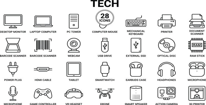 IT, digital workspace, computer hardware and tech icons. Cybersecurity, IT service, cloud computing and remote work thin line icon set. Editable stroke vector illustrations.