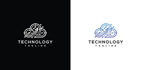 Fototapeta premium Modern Line Art Cloud Technology Logo with Upward Arrow for Digital Services