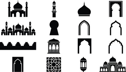 Set of architectural mosque silhouettes and traditional islamic arch designs with architecture silhouette building traditional ornament religion structure landmark illustration © Golzar