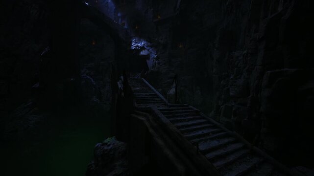 Narrow mossy steps leading into cavern temple, ancient carvings and wet stone surfaces glinting under soft blue light scene evokes archaeologist or explorer