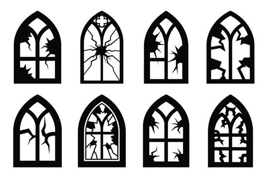Collection set of halloween broken church window silhouette icon and Vector illustration on white background.