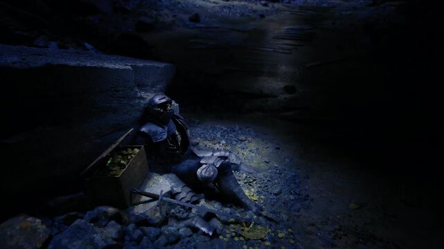 Still subterranean lake reflecting cool ceiling light, rocky shoreline with scattered boulders, distant warm points of light, meditative yet uncanny atmosphere