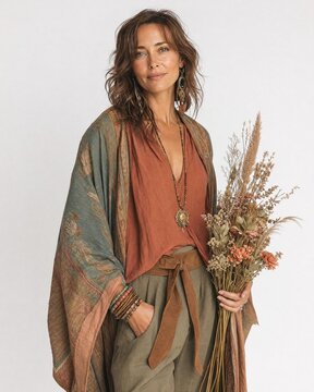 Portrait of an elegant mature woman in autumn style holding a bouquet of dried flowers