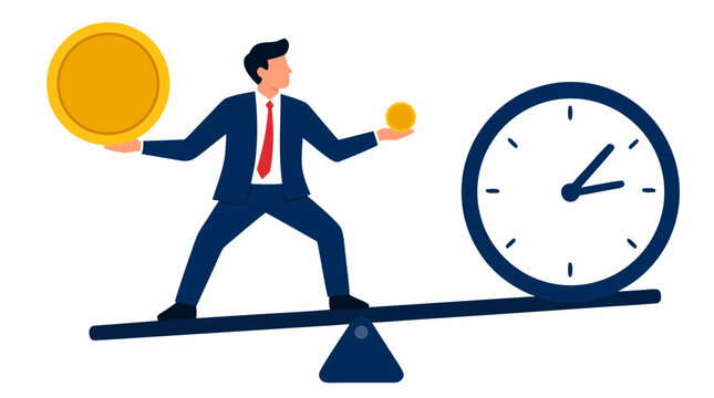 Businessman juggling coins and clock on a seesaw: strategic balance between time and money, financial management, work-life priorities, and business decision-making in modern professional environment