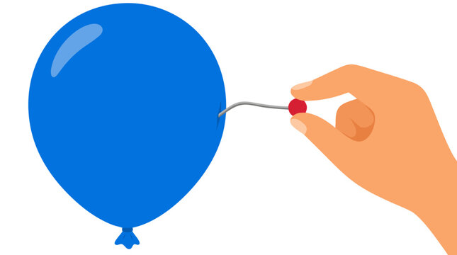 Resilient blue balloon resisting needle puncture - tough inflatable sphere bending needle instead of popping, bold flat vector illustration with hand, strength and durability metaphor