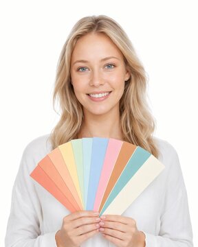Color analysis concept with a young blonde woman holding a pastel color palette swatch