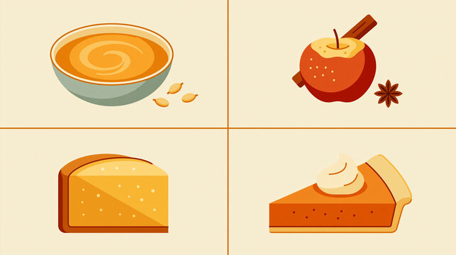 Minimalist flat vector illustration of autumn dishes, pumpkin soup with pumpkin seeds, baked apple with cinnamon stick, quince bread or quince cheese, pumpkin pie with whipped cream