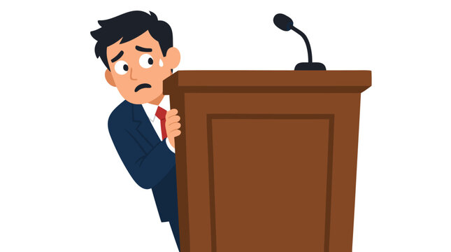 Anxious Businessman Nervously Peeking from Behind Wooden Podium with Microphone, Conveying Deep Anxiety, Stage Fright and Public Speaking Fear - Bold Flat Vector Illustration