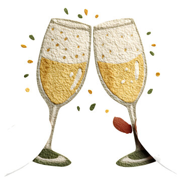 Two champagne flutes clinking with bubbly and confetti for celebratory toasts in festive event design