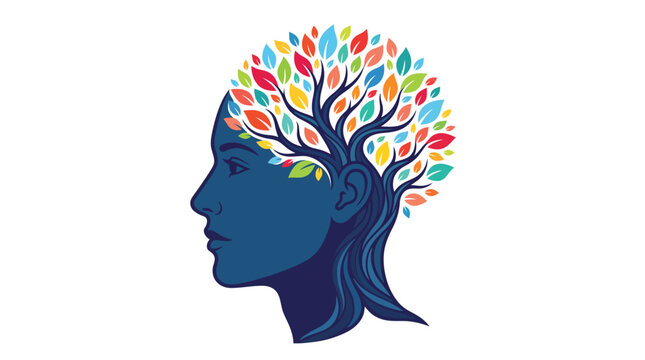 Artistic profile of a human head featuring a colorful tree growing from the brain area