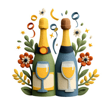 Handcrafted paper pop-up champagne bottles and wine glasses with floral confetti for celebratory event branding