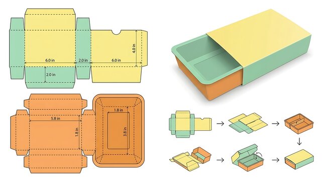 Colorful rectangular cardboard box template with dimensions and assembly instructions