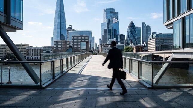 Businessman Running on Riverside Bridge with City Skyline