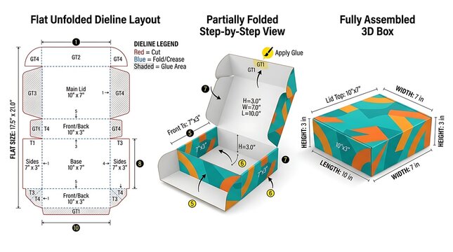 Flat unfolded dieline layout and 3D box template dimensions and assembly instructions