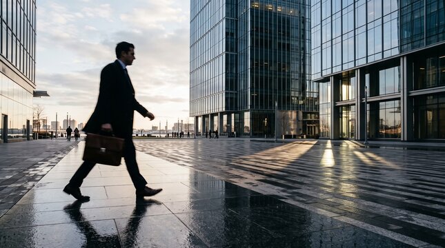 Businessman Walking Through Modern Corporate Plaza