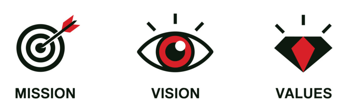 Mission Vision Values Icons: A set of three graphic icons representing Mission, Vision, and Values, with a target and arrow for Mission, an eye for Vision, and a diamond for Values.
