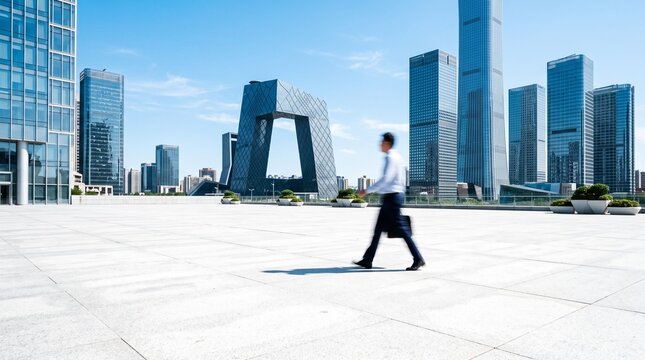 Businessman Walking Across Modern Urban Rooftop
