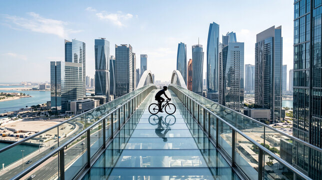 Cyclist Riding on Glass Skywalk Above Modern City Skyline