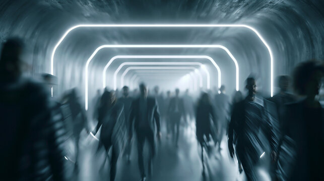 Crowd Walking Through Futuristic Neon Tunnel Corridor
