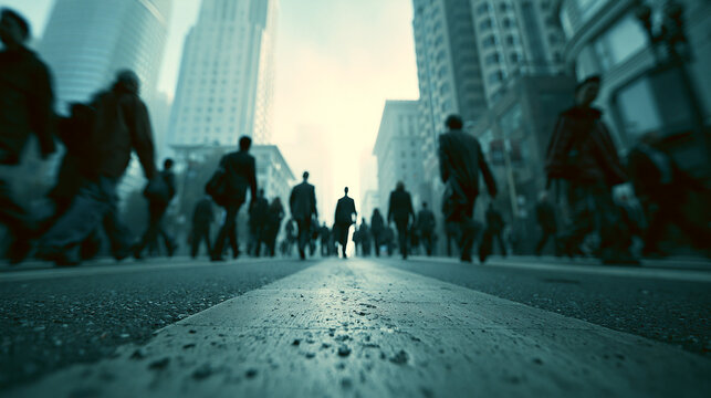 Lone Figure Standing Out in Urban Crowd Walking Street