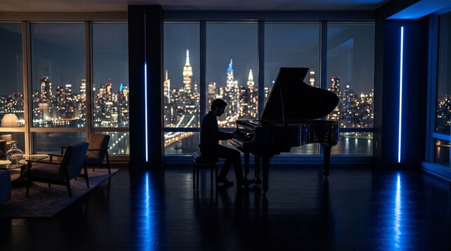 Pianist Performing at Grand Piano with Cityscape View