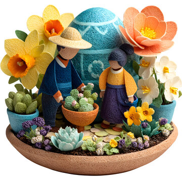 Handcrafted paper doll figures tending miniature garden in terrarium display with succulents and flowers