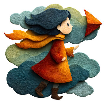 Cartoon child in handmade paper outfit holding colorful kite among floating clouds