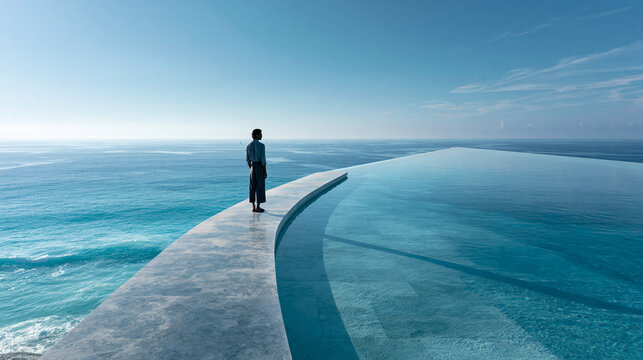 Person Standing on Curved Path Over Ocean Water