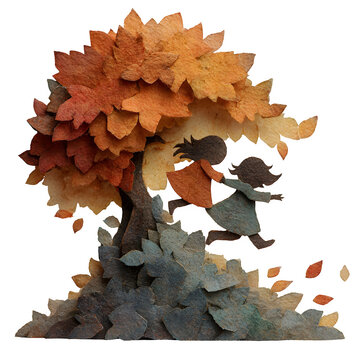Handcrafted paper pop-up tree with autumn leaves and children figures for creative storytelling