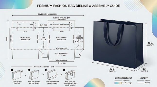 Premium fashion bag template with assembly instructions and measurements